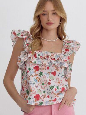 NWT Entro Floral Ruffle Sleeve Square Neck Cotton Top Spring Small